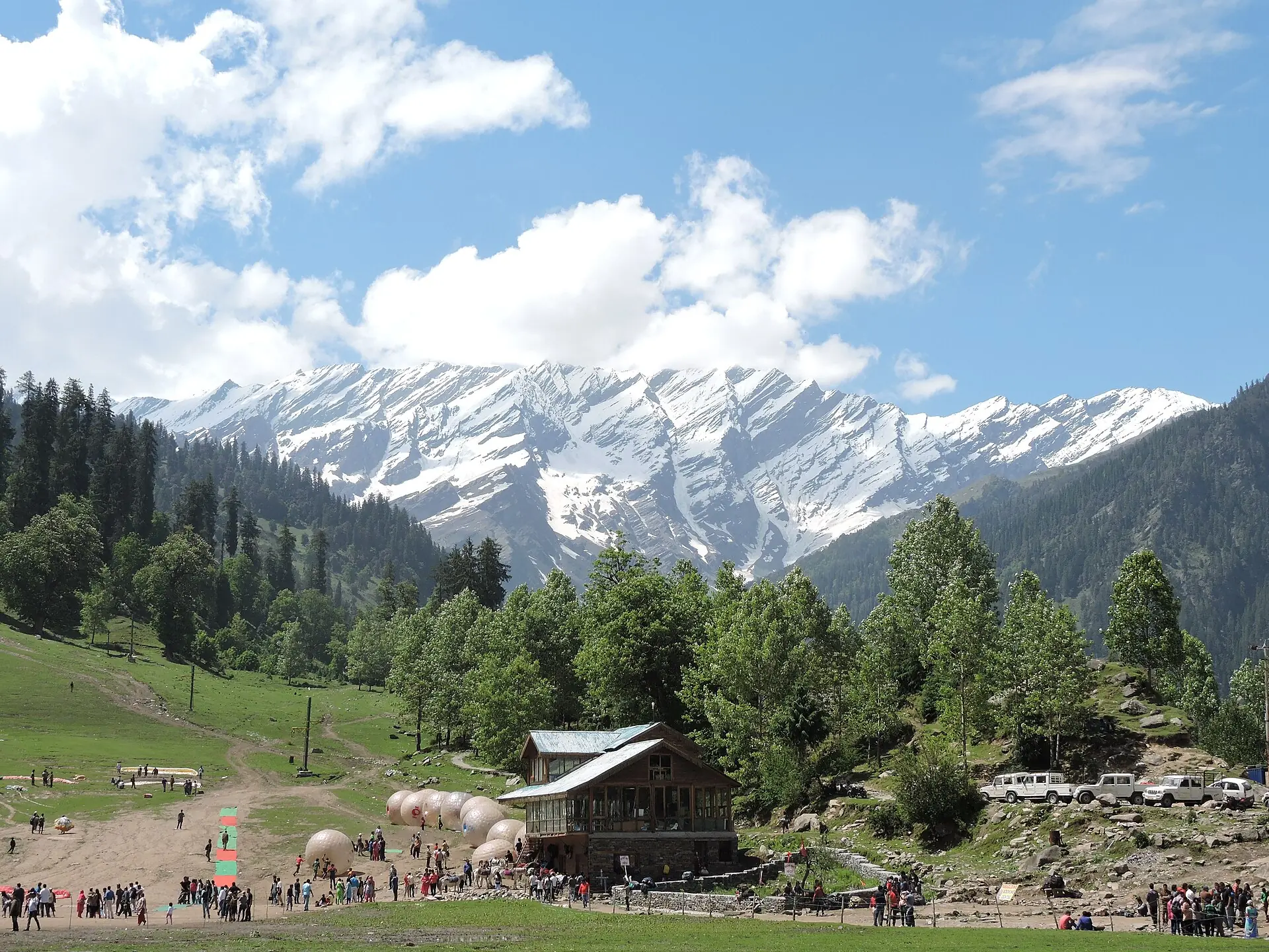 Green meadow in Solang Valley with pine forest and snow-capped peaks behind